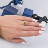 August Green Peridot Halo Cushion Cut CZ Birthstone Ring in 14k Yellow Gold - Artisan Carat