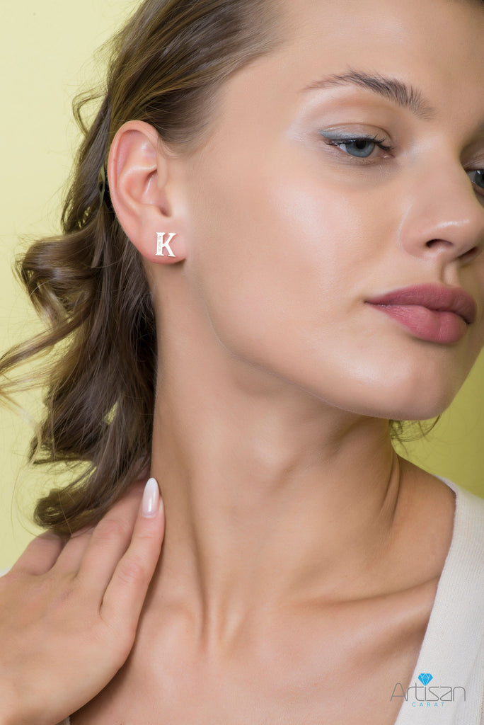 Letter K Initial CZ Stud Earrings in 14k Yellow Gold Everyday