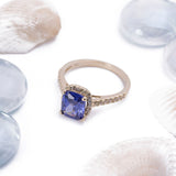 September Blue Sapphire Halo Cushion Cut CZ Birthstone Ring in 14k Yellow Gold - Artisan Carat