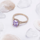 June Alexandrite Light Purple Halo Cushion Cut CZ Birthstone Ring in 14k Yellow Gold - Artisan Carat