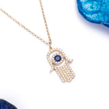 Small Hamsa Blue Sapphire and Diamond Pendant with Necklace in 18k Yellow Gold - Artisan Carat