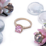 October Pink Tourmaline Halo Cushion Cut CZ Birthstone Ring in 14k Yellow Gold - Artisan Carat
