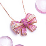 Large Pink Sapphire Bowtie Diamond Pendant with Necklace in 18k Rose Gold - Artisan Carat