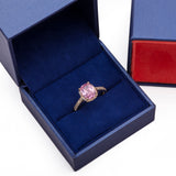 October Pink Tourmaline Halo Cushion Cut CZ Birthstone Ring in 14k Yellow Gold - Artisan Carat
