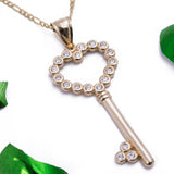 Large Heart Key CZ Pendant with Necklace in 14k Yellow Gold - Artisan Carat