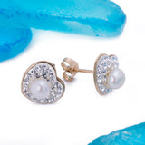 Small Heart Pearl and CZ Stud Earrings in 14k Yellow Gold - Artisan Carat