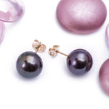 Large Dyed Cultured Green-Black Pearl Stud Earrings in 14k Yellow Gold - Artisan Carat