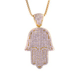 Sterling Silver Solid Medium Hamsa CZ Yellow Gold Pendant with Necklace - Artisan Carat