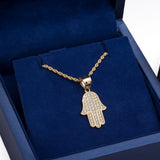 Small Hamsa CZ Pendant with Necklace in 14k Yellow Gold - Artisan Carat