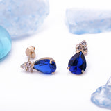 September Birthstone Sapphire Blue Pear Shape CZ Gold Drop Stud Earrings in 14k Yellow Gold - Artisan Carat