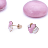 Pink Frosted Cupcake Stud Screwback Earrings in 14k Yellow Gold - Artisan Carat