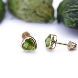 Green Peridot Mini Heart Stud Screwback Earrings in 14k Yellow Gold - Artisan Carat