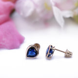 Blue Sapphire Mini Heart Shape Stud Earrings in 14k Yellow Gold - Artisan Carat