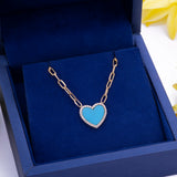 Diamond Turquoise Heart Pendant Paper Clip Necklace in 18k Yellow Gold - Artisan Carat