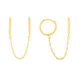 14K Gold Double Piercing Chain Huggies Earrings - Artisan Carat