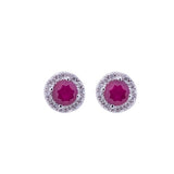 Halo Center Ruby with Diamonds Stud Earrings in 18k White Gold - Artisan Carat