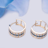 Three Row Blue Sapphire CZ Huggies Earrings in 14k Yellow Gold - Artisan Carat