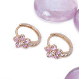 Five Petal Pink Tourmaline CZ Huggies Earrings in 14k Yellow Gold - Artisan Carat