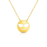 14kt Gold 16 inches Yellow Finish Chain:0.8mm+Center Round Pendant:11mm Shiny Fancy Happy Face with Shades Roymoji Necklace with 1 inches Extender Spring Ring Clasp - Artisan Carat