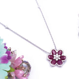 Floral Ruby and Diamond Daisy Pendant with Necklace in 18k White Gold - Artisan Carat