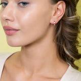 Single Row Pink Sapphire and CZ Pattern Huggies Earrings in 14k Yellow Gold - Artisan Carat
