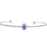 Halo Oval Blue Sapphire with Diamonds Tennis Cuff Bangle in 18k White Gold - Artisan Carat