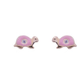 Baby Turtle Pink Enamel CZ Stud Earrings in 14k Yellow Gold - Artisan Carat