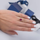 July Ruby Red Halo Cushion Cut CZ Birthstone Ring in 14k Yellow Gold - Artisan Carat