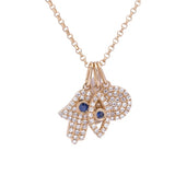 Hamsa Evil Eye Talisman Blue Sapphire Diamond Charms Pendant with Necklace in 18k Yellow Gold - Artisan Carat