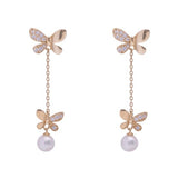 Hanging Butterflies CZ and Pearl Drop Stud Earrings in 14k Yellow Gold - Artisan Carat