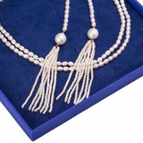 Layering Rice Shape Freshwater Pearl Cross Tie Tassel Necklace - Artisan Carat