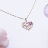 Heart with Mom and Flowers Ruby CZ Pendant with Necklace in 14k Yellow Gold - Artisan Carat