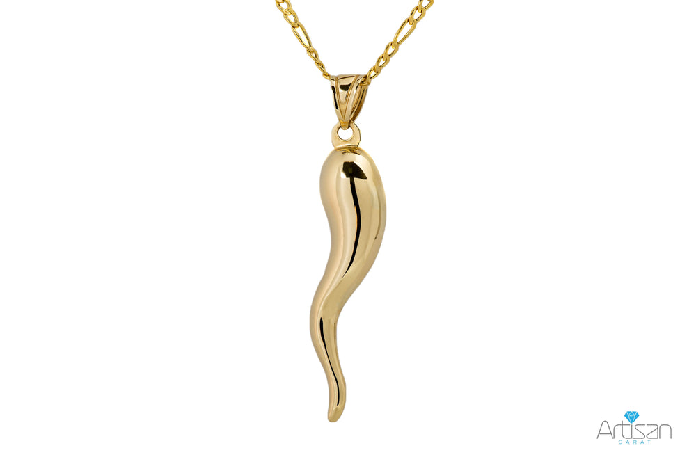 Amazon.com: 14K Yellow Gold Cornicello Italian Horn Fortune Charm Pendant  with 1.2mm Flat Open Wheat Chain Necklace - 16