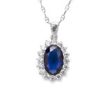 Sterling Silver Set Oval Blue Sapphire Halo CZ Pendant with Necklace Matching Earrings and Engagement Ring - Artisan Carat