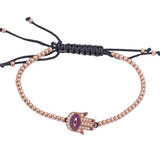 Golden Beads Hamsa Eye Ruby and Diamonds Silk String Adjustable Bracelet in 18k Rose Gold - Artisan Carat