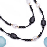 Black Onyx and Freshwater Pearl Layering Necklace with 14kt Yellow Gold Clasp - Artisan Carat