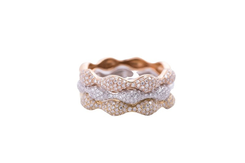 Three Band Lumpy Stack Diamond Rings in 18k Rose White and Yellow Gold ...